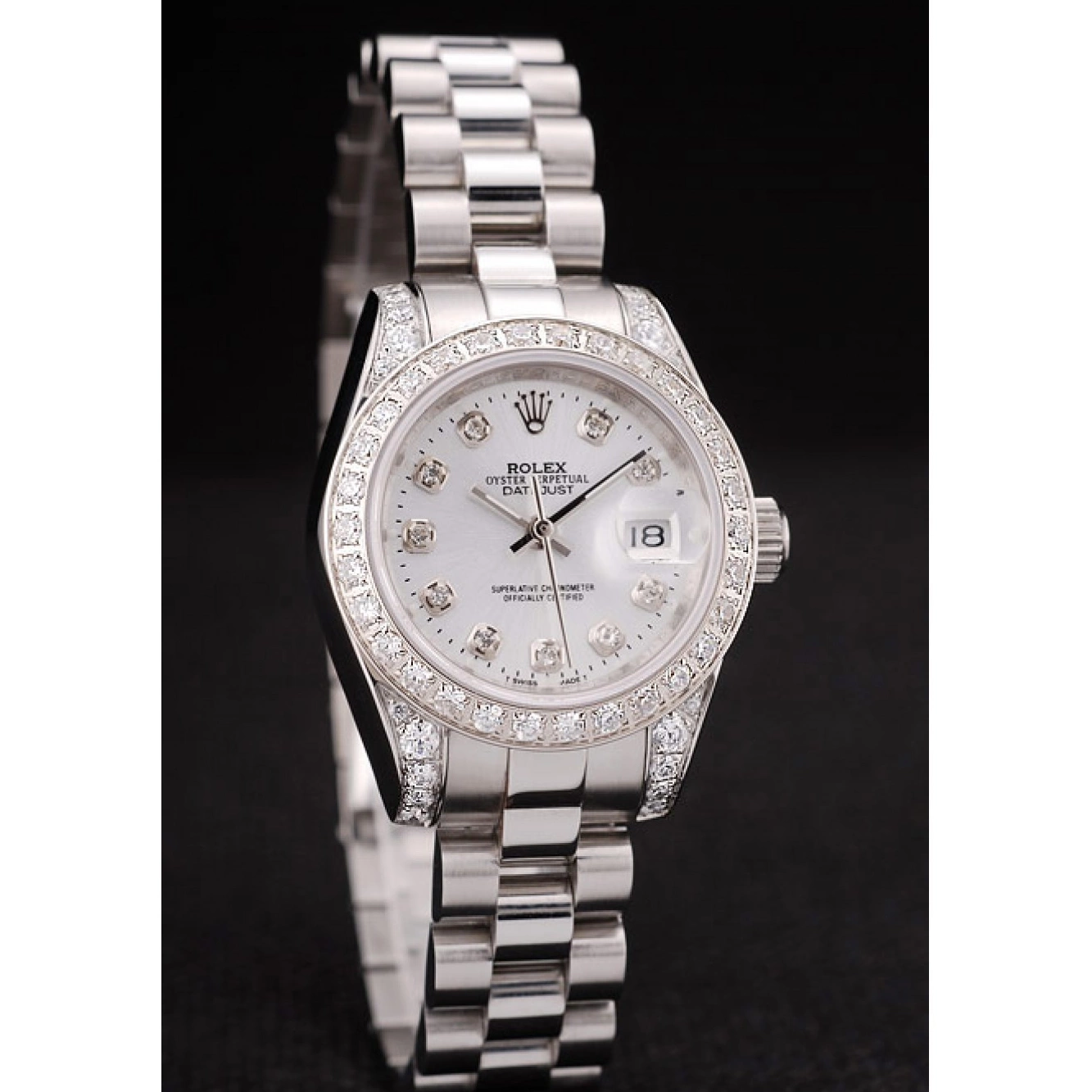 AAA replica watch Diamond Dial Case Steel White Plated Bezel Plated Rolex Diamond DateJust Brushed Stainless 0514